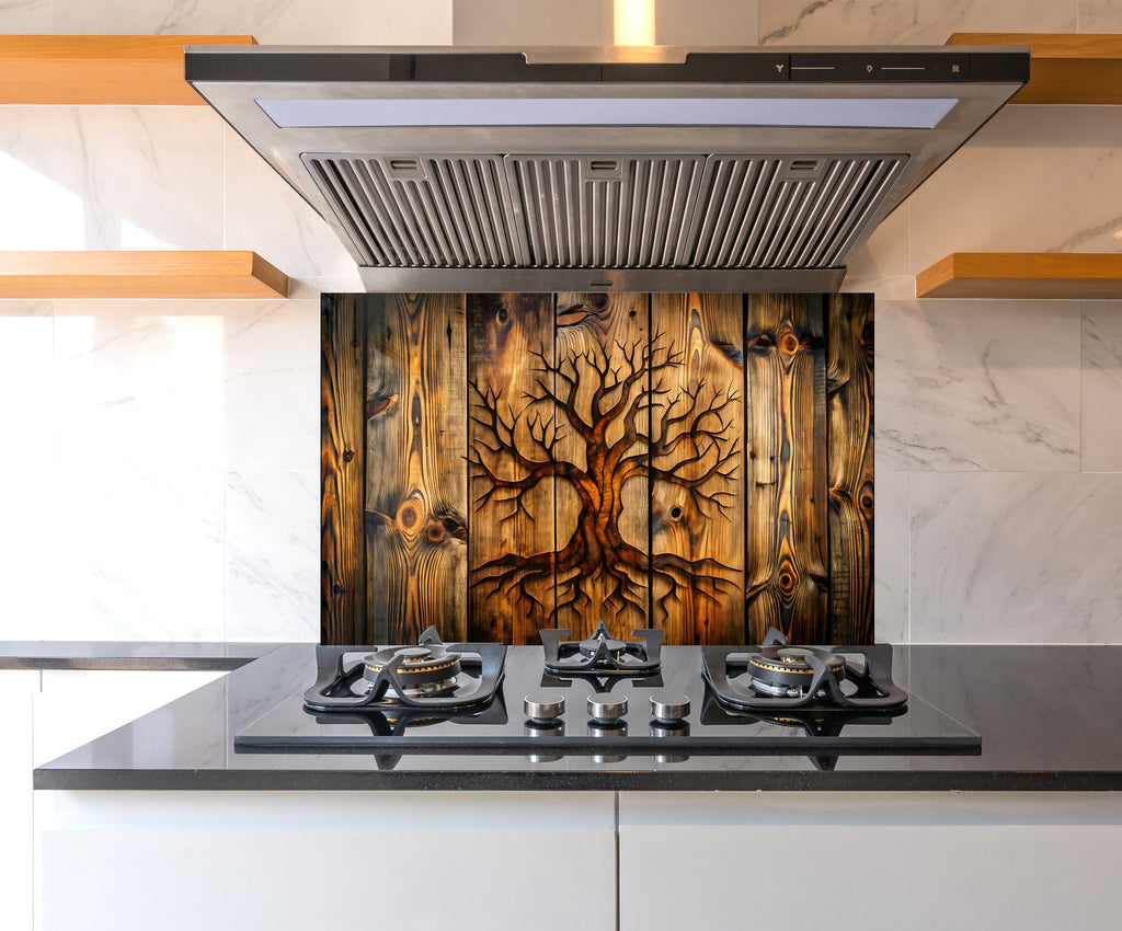 Wooden Tree of Life - Glass Kitchen Backsplash-BacksplashArtworks