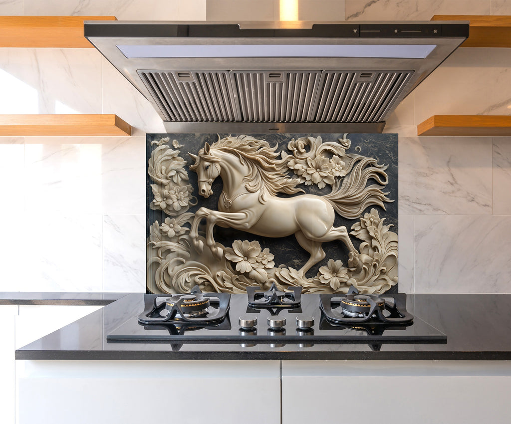 White Stallion - Glass Kitchen Backsplash-BacksplashArtworks