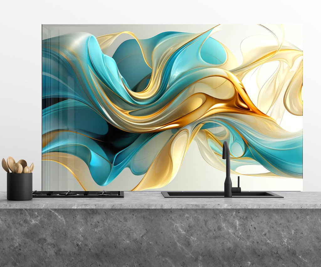 Golden Waves – Tempered Glass Kitchen Backsplash-BacksplashArtworks