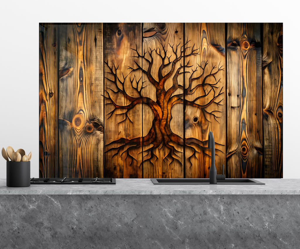 Wooden Tree of Life - Glass Kitchen Backsplash-BacksplashArtworks