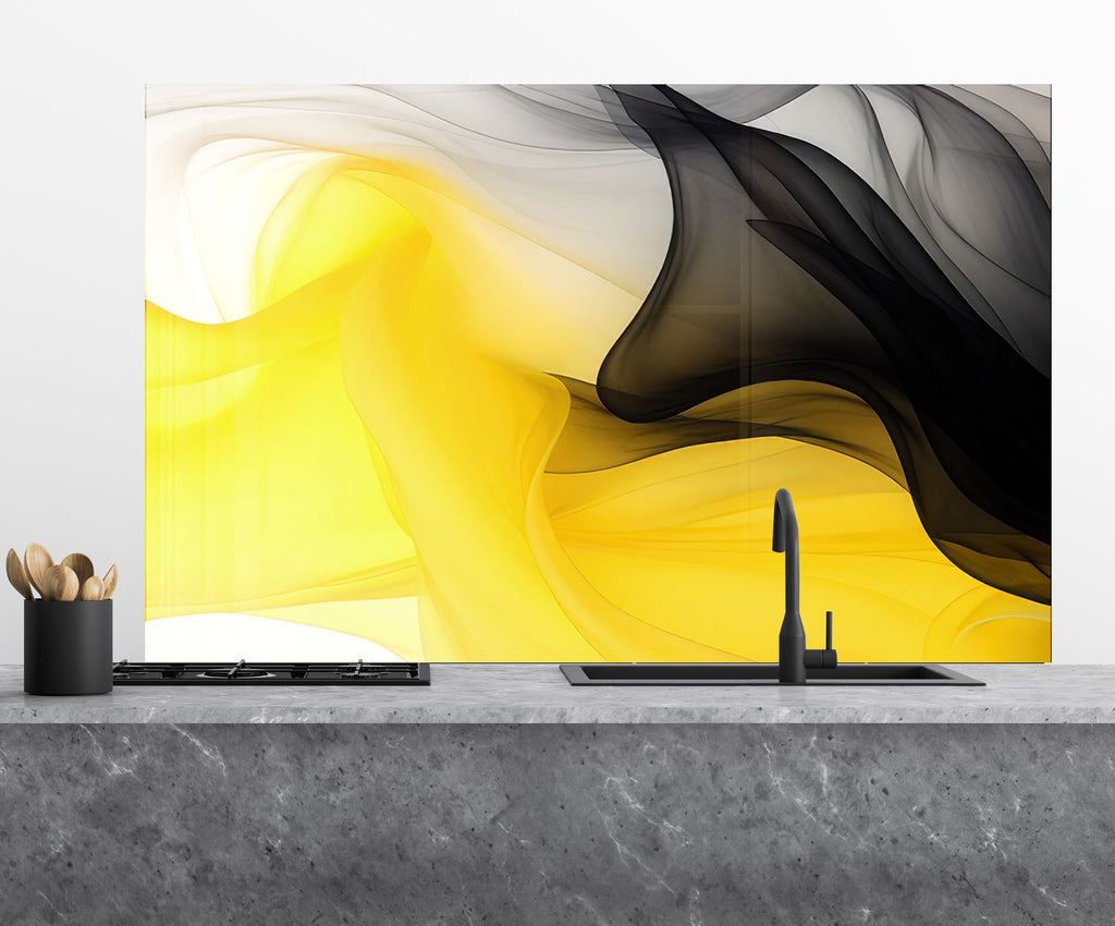 Yellow & Black Flow – Glass Kitchen Backsplash-BacksplashArtworks