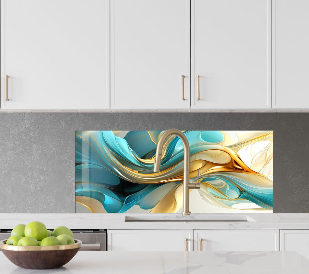 Golden Waves – Tempered Glass Kitchen Backsplash-BacksplashArtworks