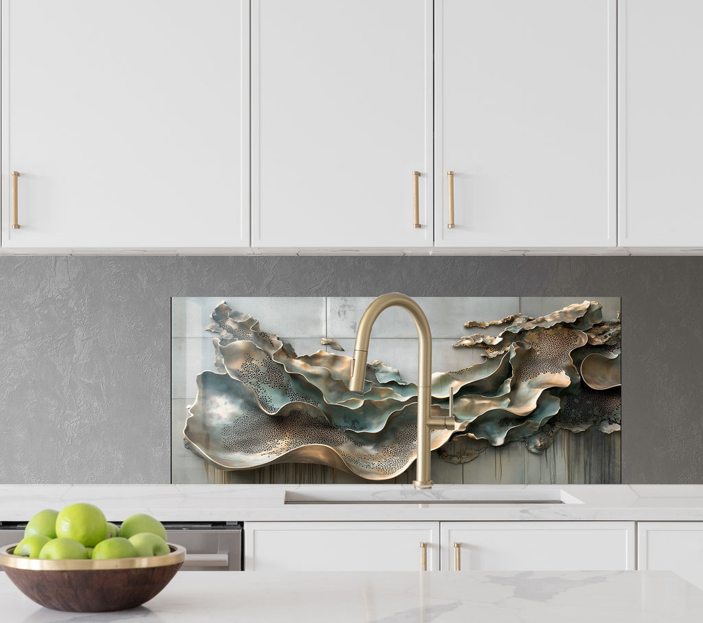 Blue Metallic Scales - Glass Kitchen Backsplash-BacksplashArtworks