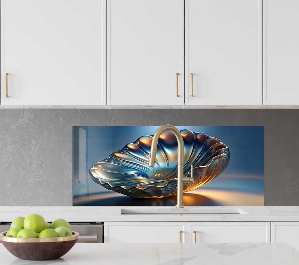 Lustrous Shell - Glass Kitchen Backsplash-BacksplashArtworks