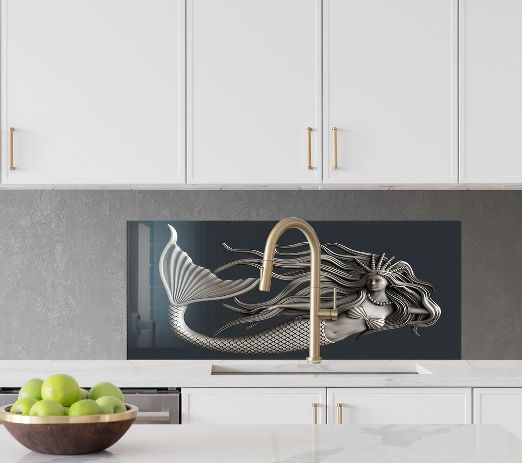 Silver Mermaid - Glass Kitchen Backsplash-BacksplashArtworks