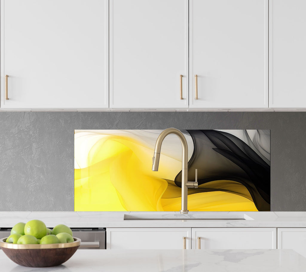 Yellow & Black Flow – Glass Kitchen Backsplash-BacksplashArtworks