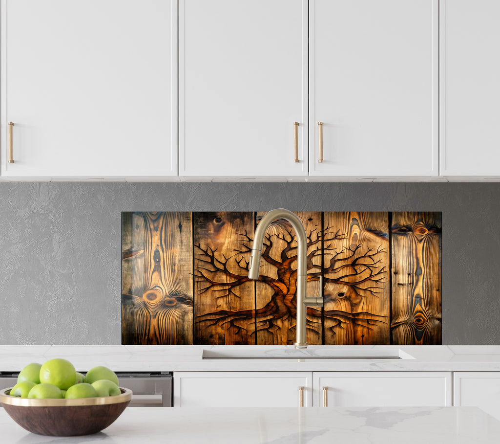 Wooden Tree of Life - Glass Kitchen Backsplash-BacksplashArtworks