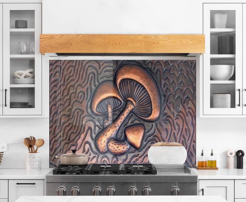 Bronze Mushroom Elegance - Glass Kitchen Backsplash-BacksplashArtworks