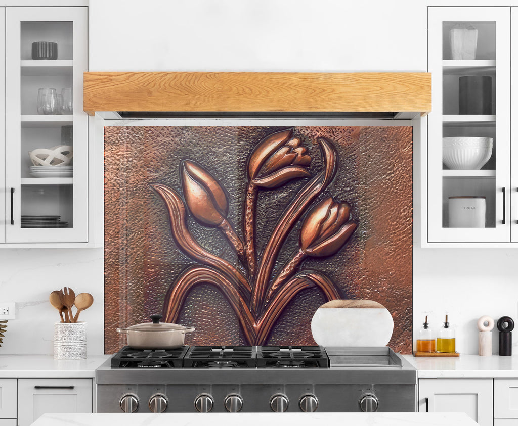 Copper Tulip Symphony - Tempered Glass Kitchen Backsplash-BacksplashArtworks