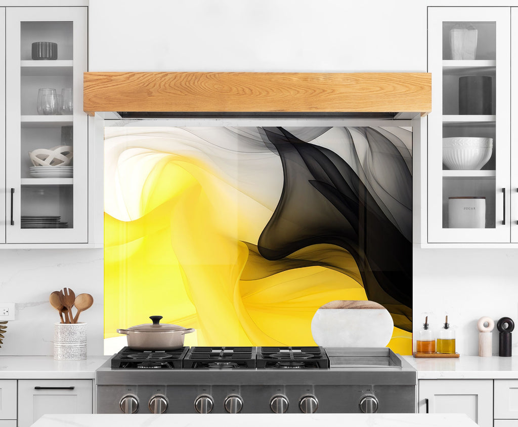 Yellow & Black Flow – Glass Kitchen Backsplash-BacksplashArtworks