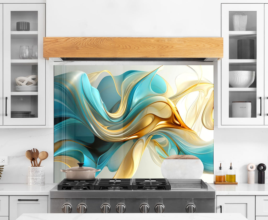 Golden Waves – Tempered Glass Kitchen Backsplash-BacksplashArtworks