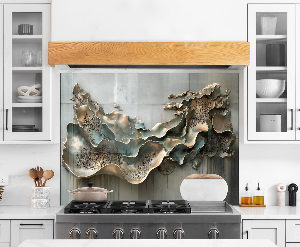 Blue Metallic Scales - Glass Kitchen Backsplash-BacksplashArtworks
