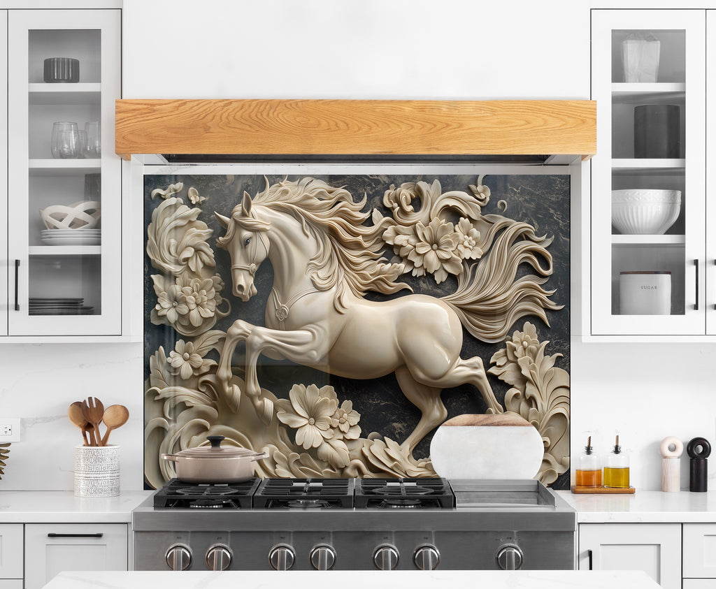 White Stallion - Glass Kitchen Backsplash-BacksplashArtworks