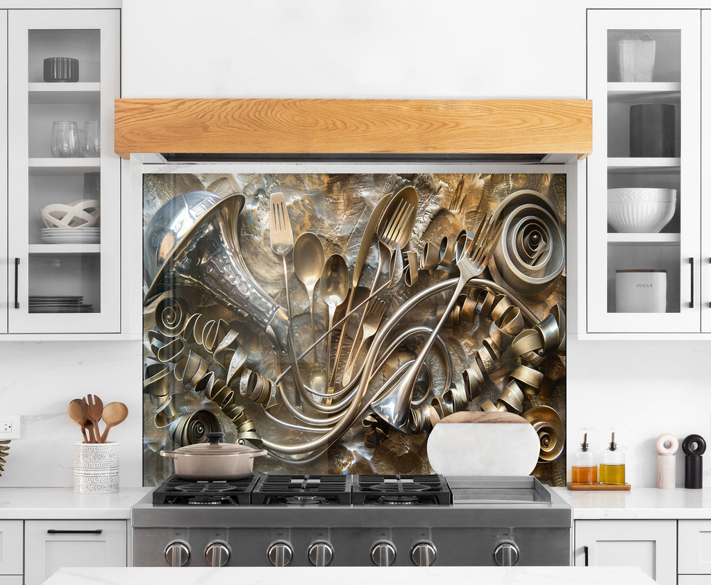 Golden Utensil Symphony - Glass Kitchen Backsplash-BacksplashArtworks