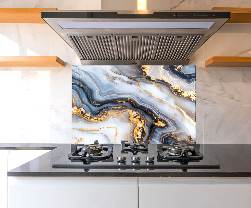 Blue & Gold Marble Swirl - Glass Kitchen Backsplash-BacksplashArtworks
