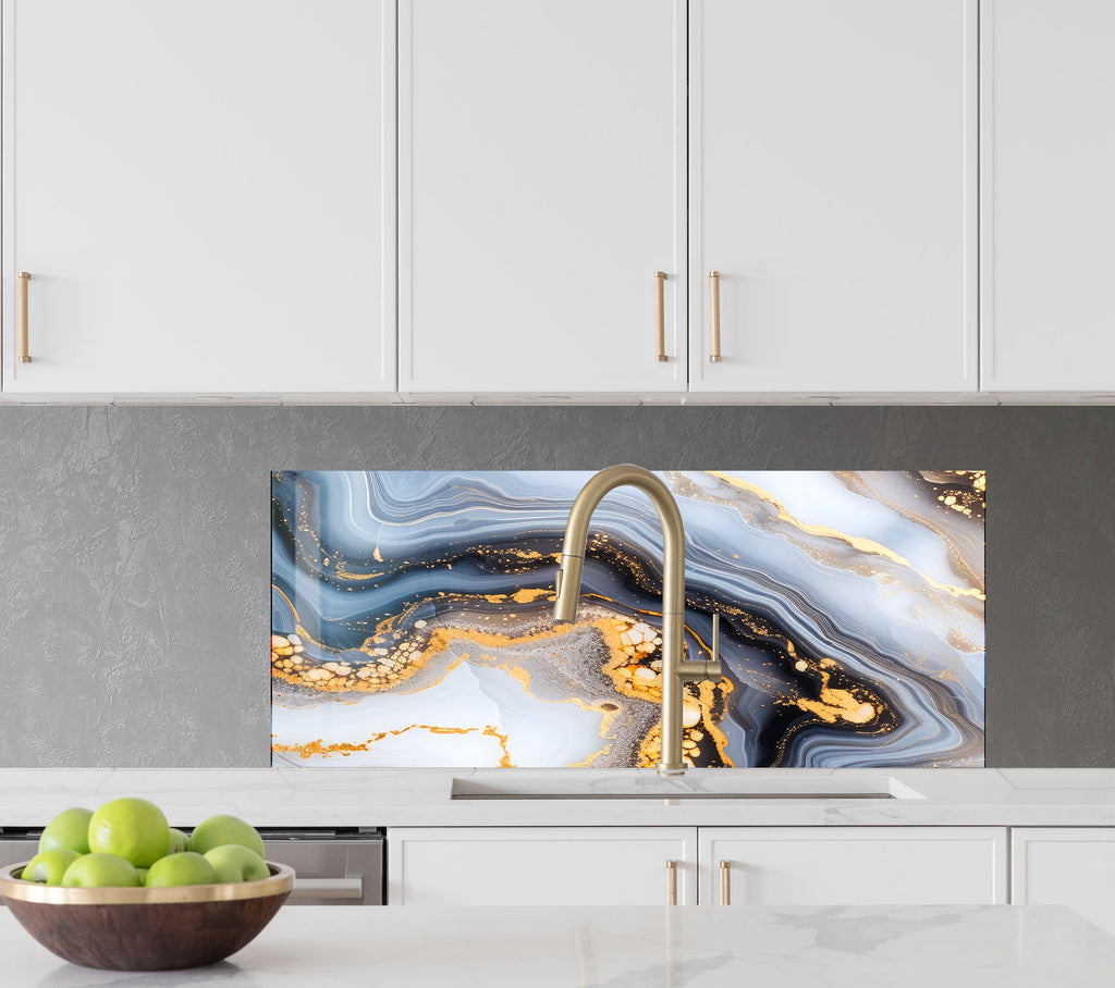 Blue & Gold Marble Swirl - Glass Kitchen Backsplash-BacksplashArtworks