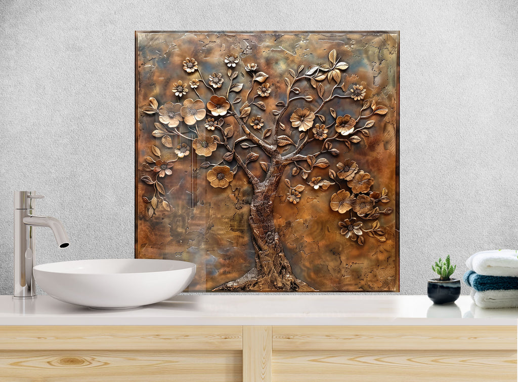 Bronze Blossom - Glass Kitchen Backsplash-BacksplashArtworks