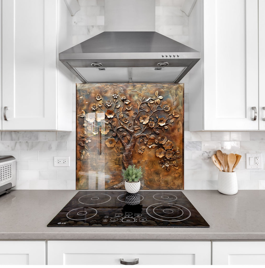 Bronze Blossom - Glass Kitchen Backsplash-BacksplashArtworks