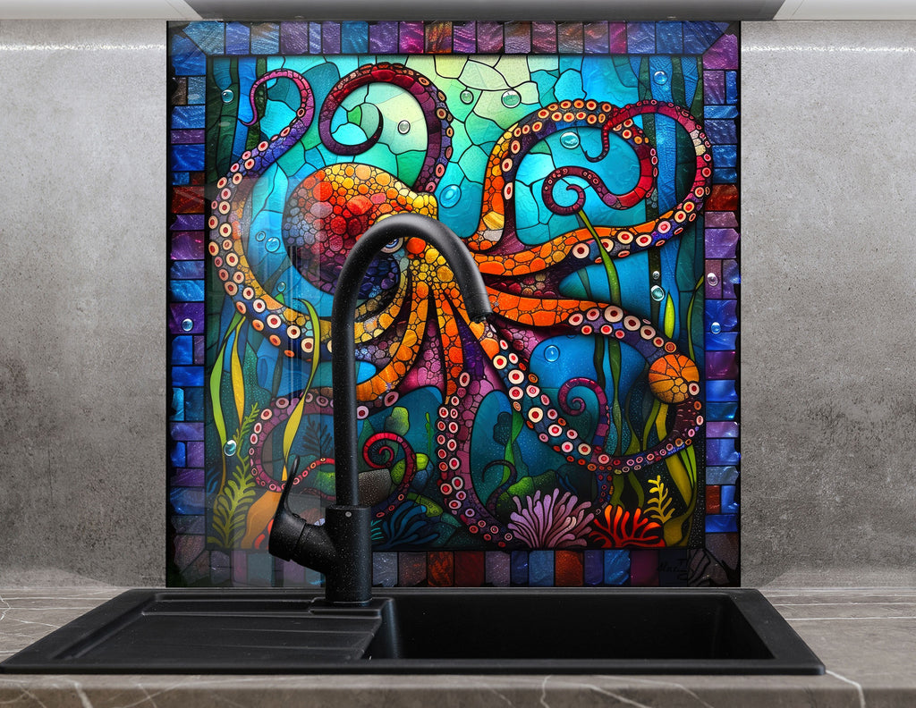Vibrant Mosaic Octopus – Glass Kitchen Backsplash-BacksplashArtworks