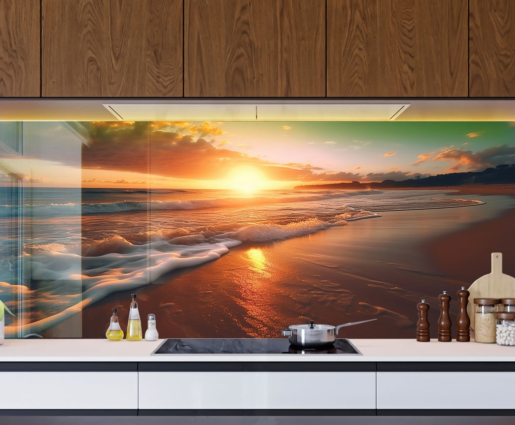 Golden Beach Sunset Wall Art – Tempered Glass Kitchen Backsplash-BacksplashArtworks