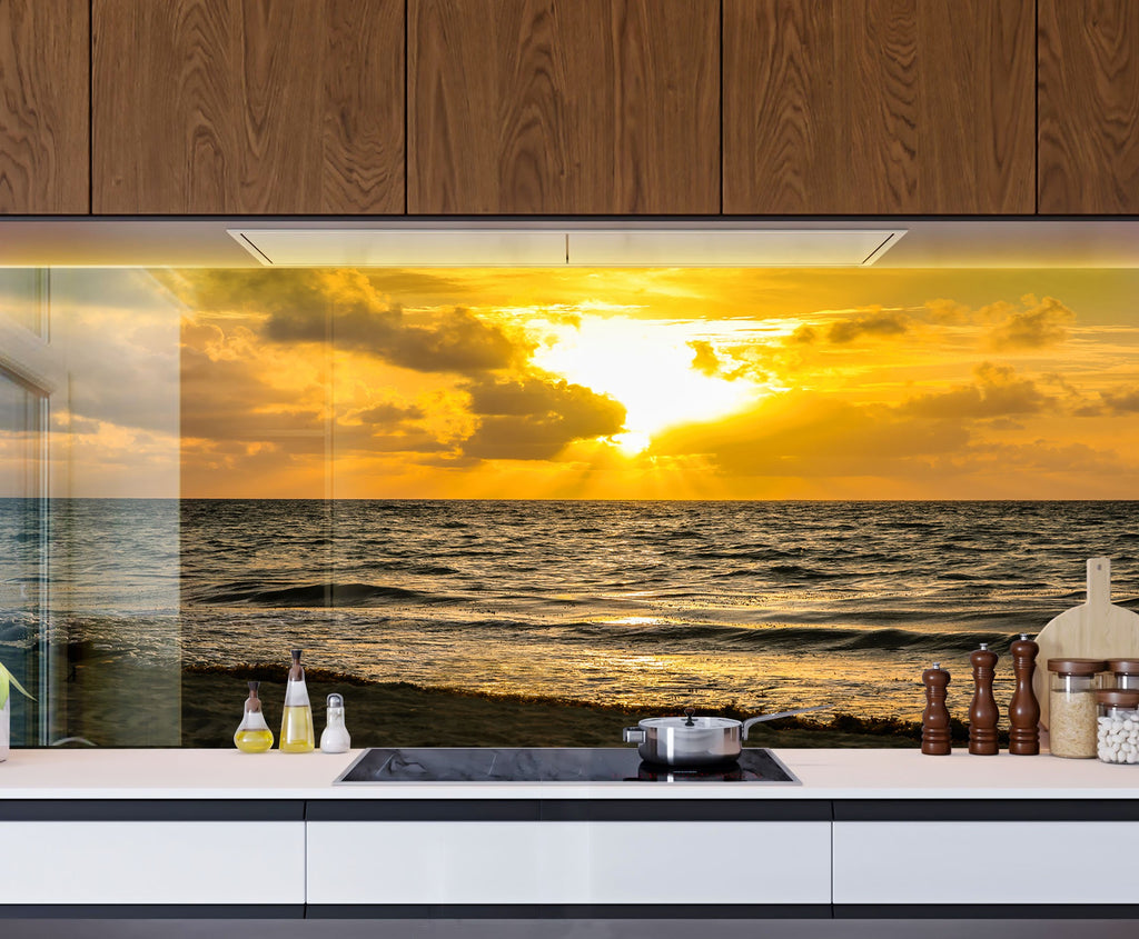 Golden Ocean Sunset Wall Art – Tempered Glass Kitchen Backsplash-BacksplashArtworks