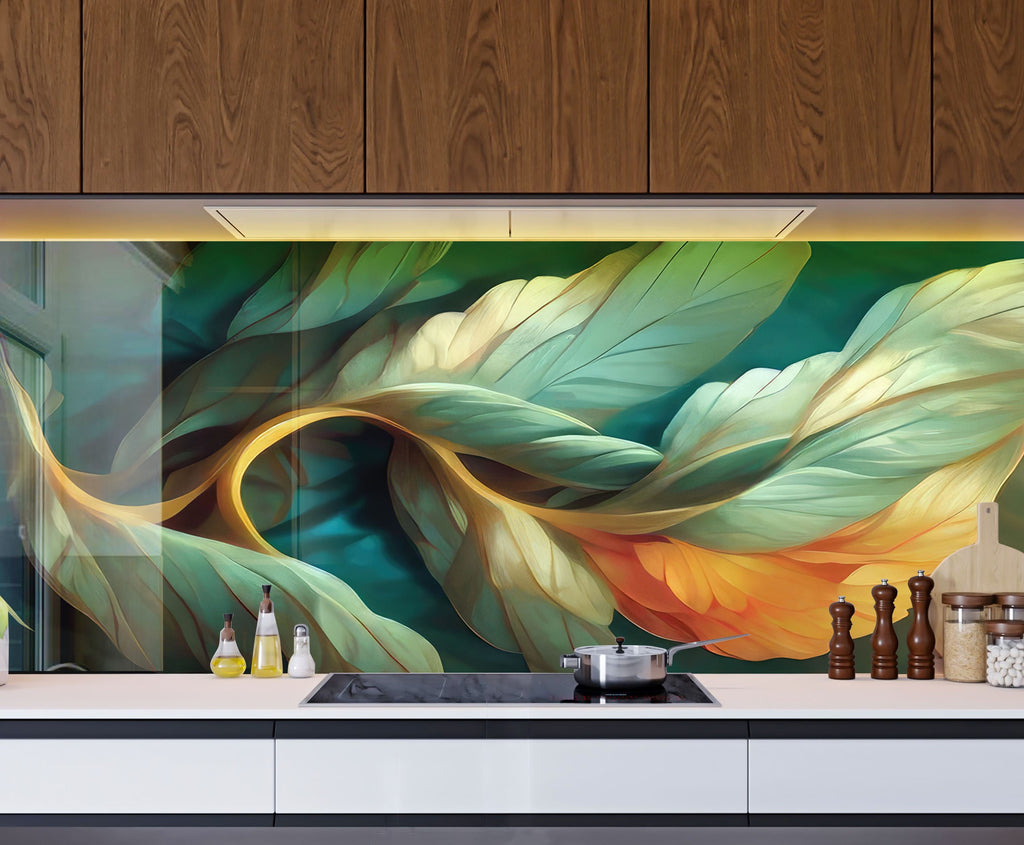 Whimsical Leaves – Glass Kitchen Backsplash-BacksplashArtworks