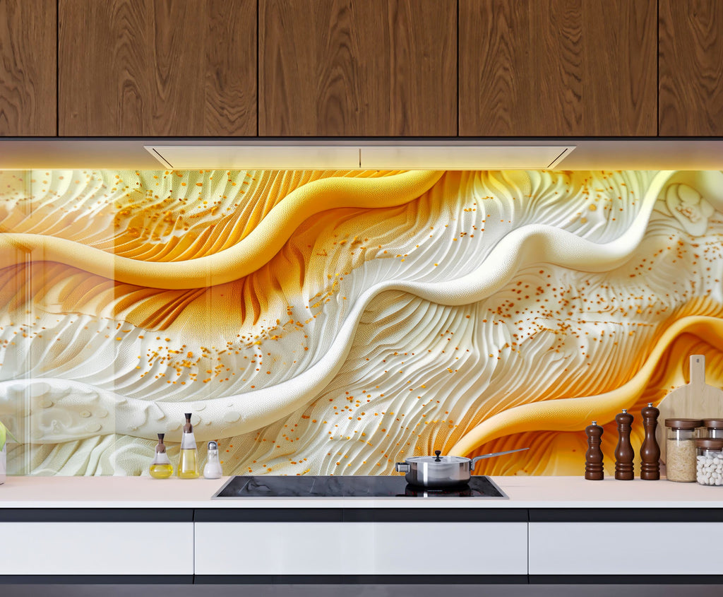 Golden & White Waves – Glass Kitchen Backsplash-BacksplashArtworks