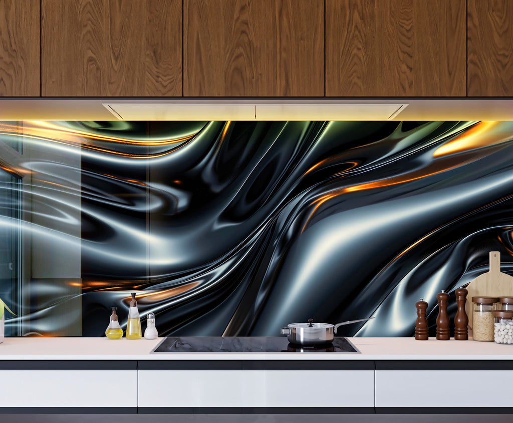 Sleek Metallic Flow - Glass Kitchen Backsplash-BacksplashArtworks