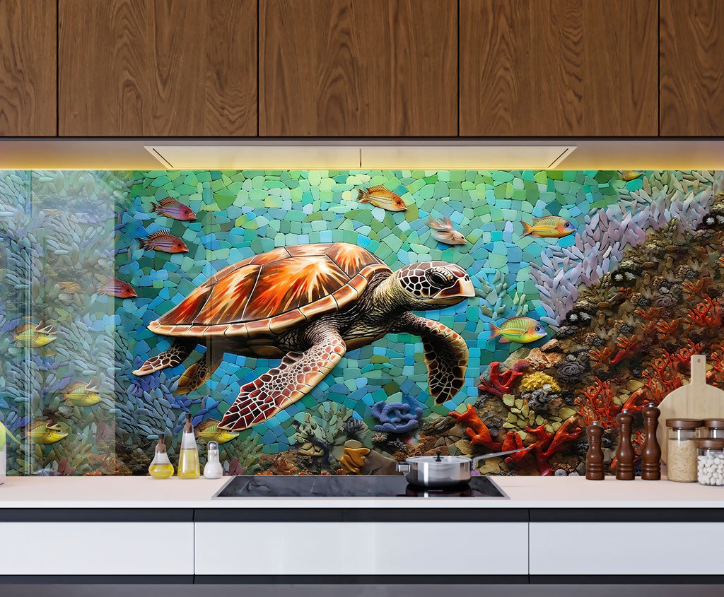 Ocean Mosaic Sea Turtle – Glass Kitchen Backsplash-BacksplashArtworks