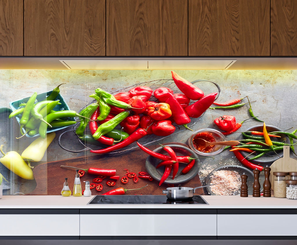 Colorful Chili Pepper Glass Kitchen Backsplash – Spicy Pepper Design-BacksplashArtworks