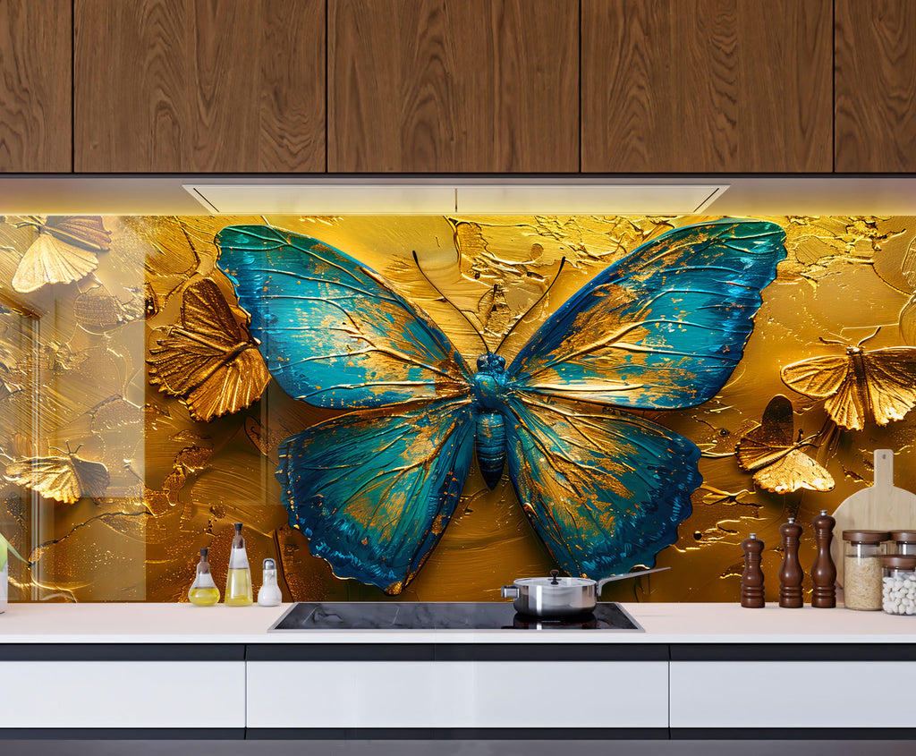 Golden Butterfly – Glass Kitchen Backsplash-BacksplashArtworks