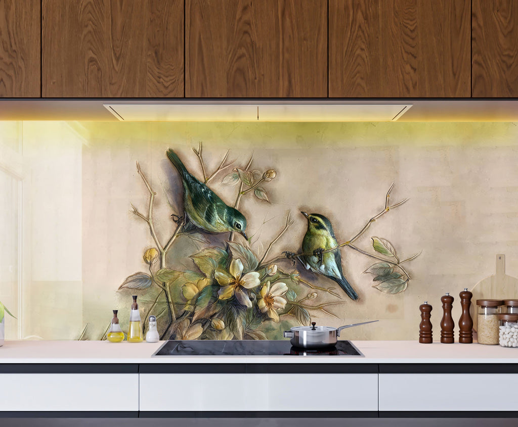 Vintage Birds & Blossoms – Glass Kitchen Backsplash-BacksplashArtworks