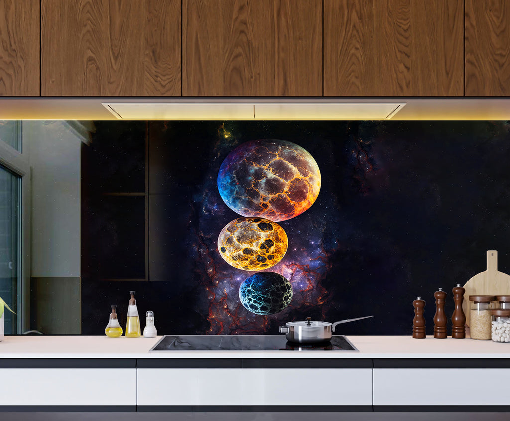 Cosmic Fire Planets Wall Art - Tempered Glass Kitchen Backsplash-BacksplashArtworks