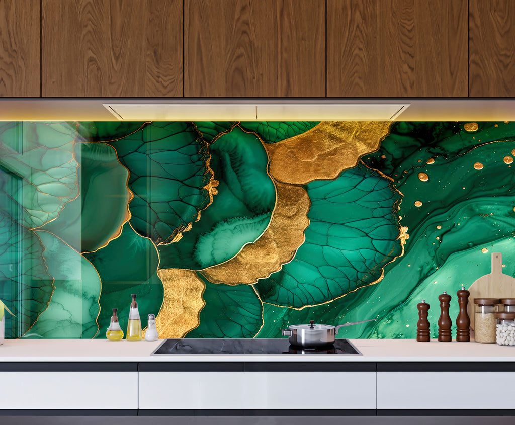 Emerald Gold Elegance - Glass Kitchen Backsplash-BacksplashArtworks