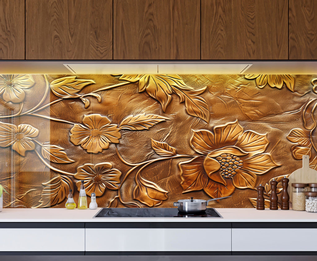 Golden Blossom Elegance - Embossed Glass Kitchen Backsplash-BacksplashArtworks