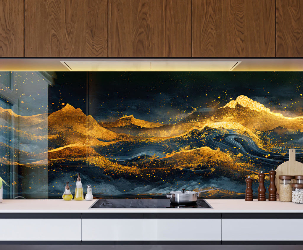 Golden Peaks - Glass Kitchen Backsplash-BacksplashArtworks
