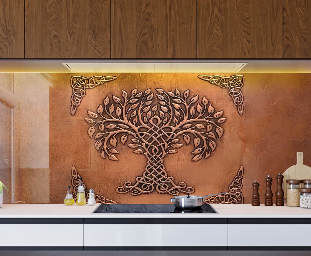 Celtic Tree of Life - Copper-Toned Glass Kitchen Backsplash-BacksplashArtworks
