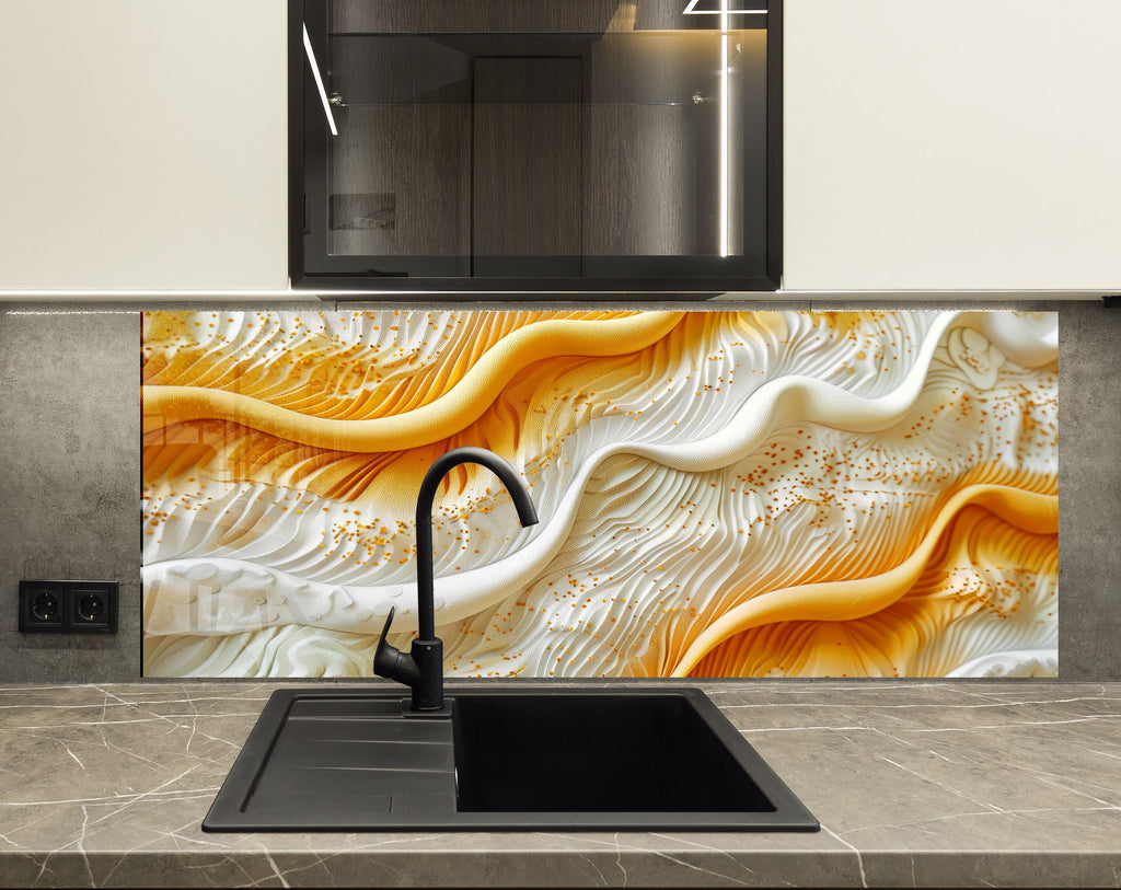 Golden & White Waves – Glass Kitchen Backsplash-BacksplashArtworks