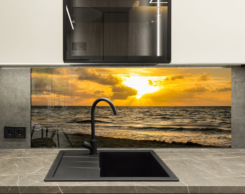 Golden Ocean Sunset Wall Art – Tempered Glass Kitchen Backsplash-BacksplashArtworks