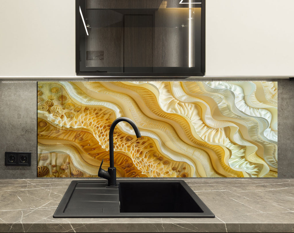 Golden Wave – Tempered Glass Kitchen Backsplash-BacksplashArtworks