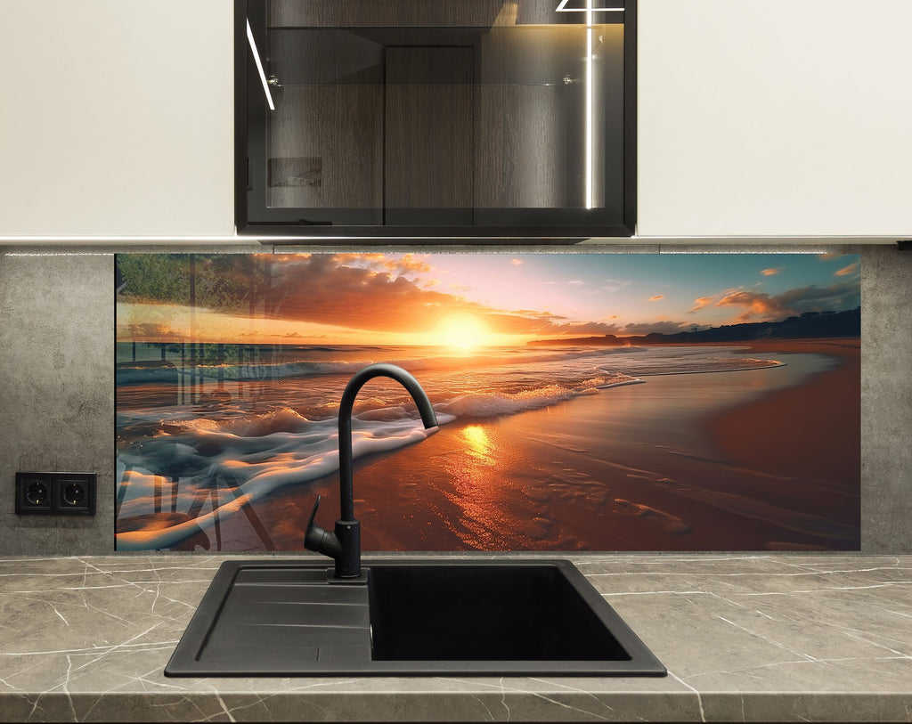 Golden Beach Sunset Wall Art – Tempered Glass Kitchen Backsplash-BacksplashArtworks