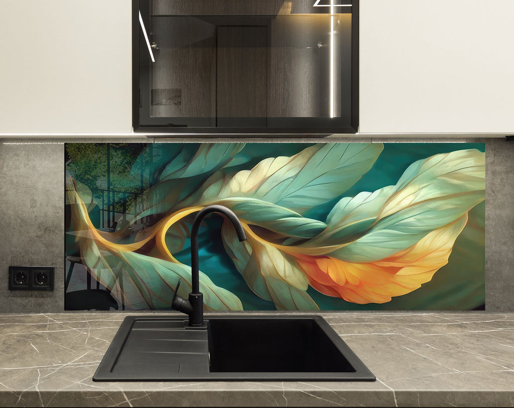 Whimsical Leaves – Glass Kitchen Backsplash-BacksplashArtworks