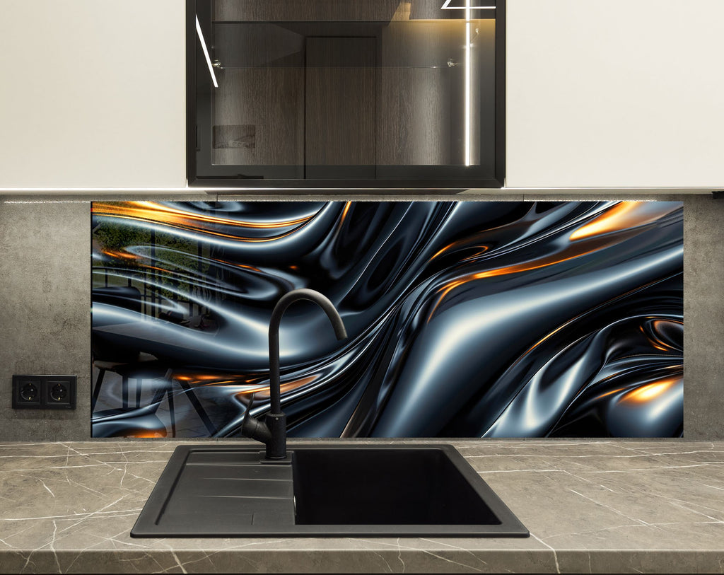 Sleek Metallic Flow - Glass Kitchen Backsplash-BacksplashArtworks