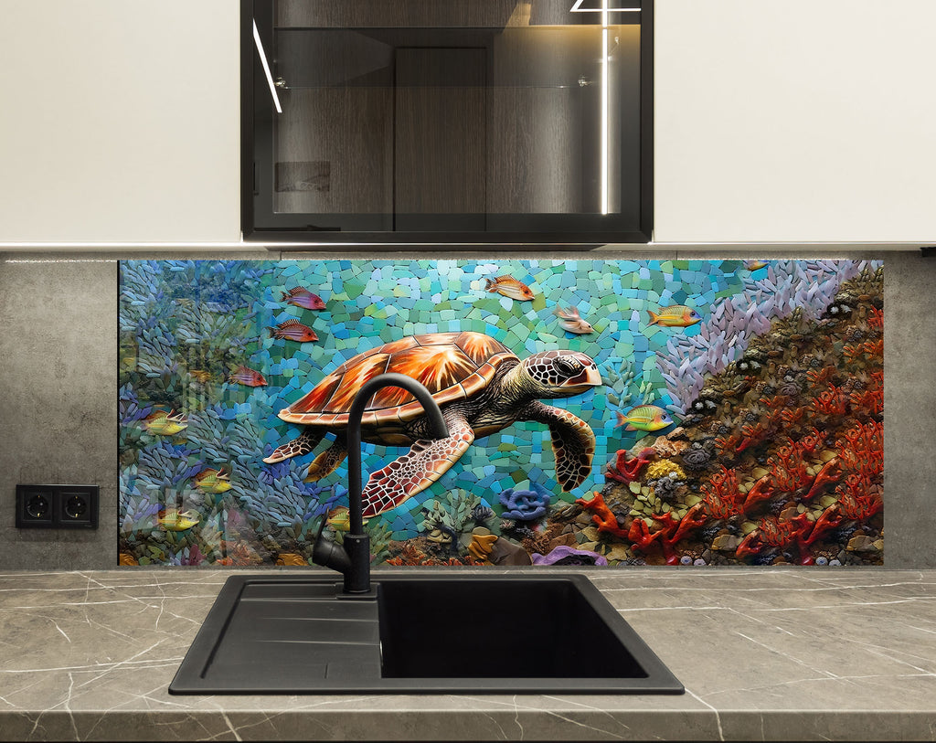 Ocean Mosaic Sea Turtle – Glass Kitchen Backsplash-BacksplashArtworks