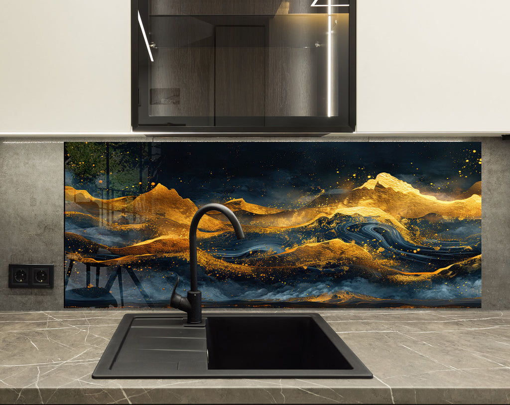 Golden Peaks - Glass Kitchen Backsplash-BacksplashArtworks