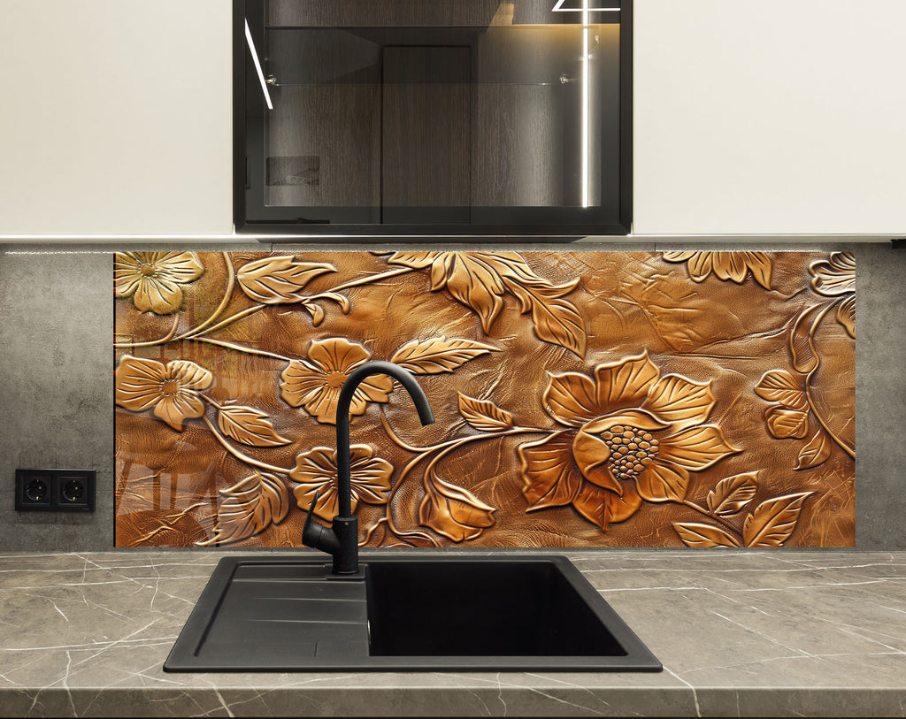 Golden Blossom Elegance - Embossed Glass Kitchen Backsplash-BacksplashArtworks