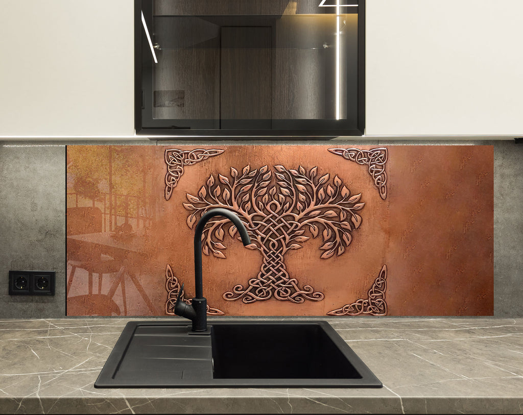 Celtic Tree of Life - Copper-Toned Glass Kitchen Backsplash-BacksplashArtworks