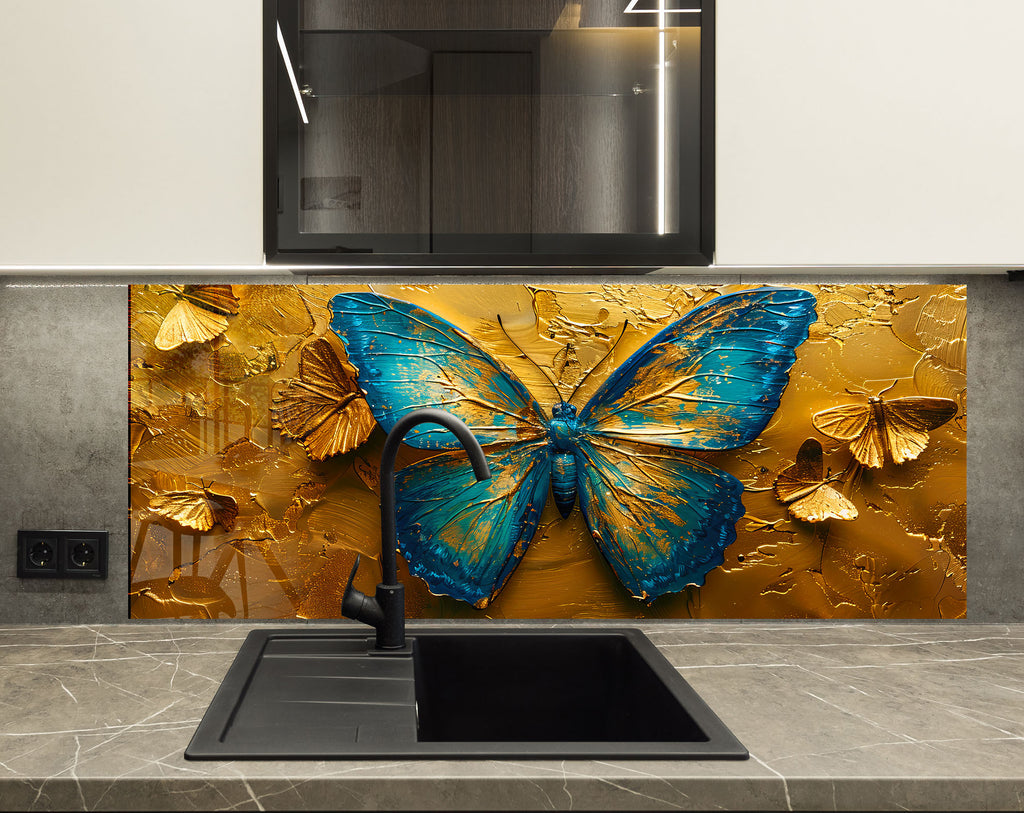 Golden Butterfly – Glass Kitchen Backsplash-BacksplashArtworks