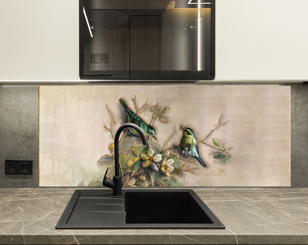 Vintage Birds & Blossoms – Glass Kitchen Backsplash-BacksplashArtworks