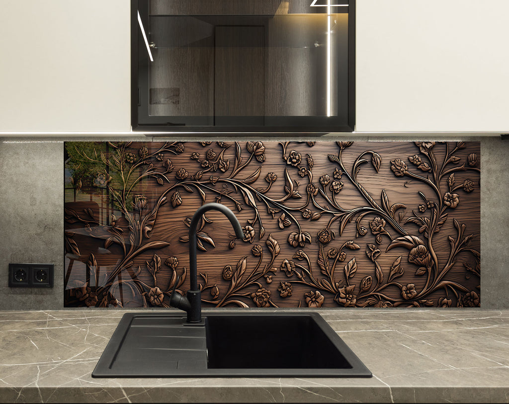 Ornate Floral Elegance - Copper-Toned Glass Kitchen Backsplash-BacksplashArtworks